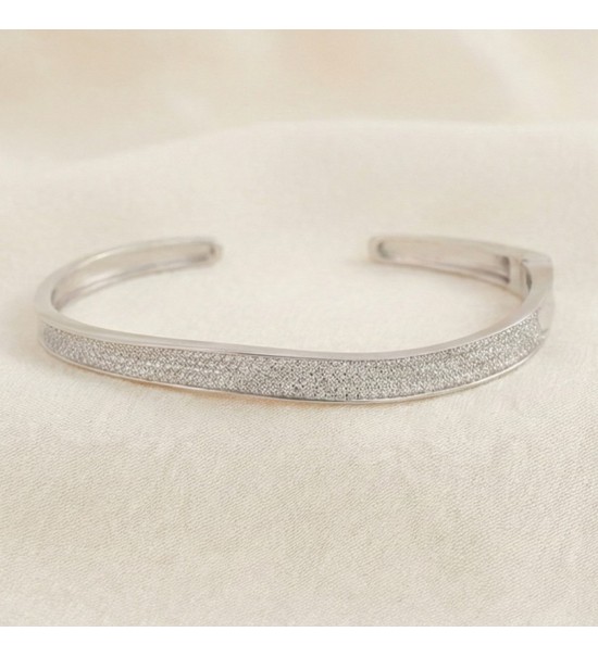 Luminous Grace Bangle – Silver Open Cuff with Pavé Sparkle