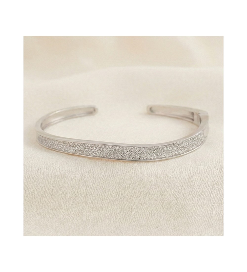Luminous Grace Bangle – Silver Open Cuff with Pavé Sparkle