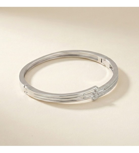 Starlight Beam Bangle – Silver Bracelet with Triple Row Sparkling Accents