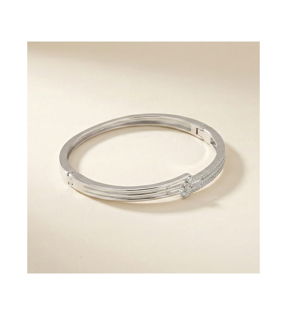 Starlight Beam Bangle – Silver Bracelet with Triple Row Sparkling Accents