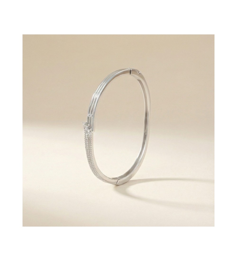 Starlight Beam Bangle – Silver Bracelet with Triple Row Sparkling Accents