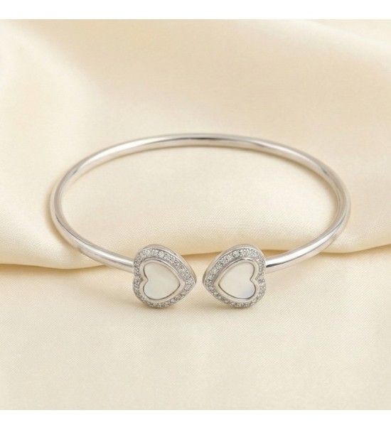 Eternal Hearts Bangle – Silver Open Cuff with Double Heart Accents