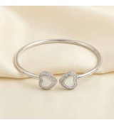 Eternal Hearts Bangle – Silver Open Cuff with Double Heart Accents