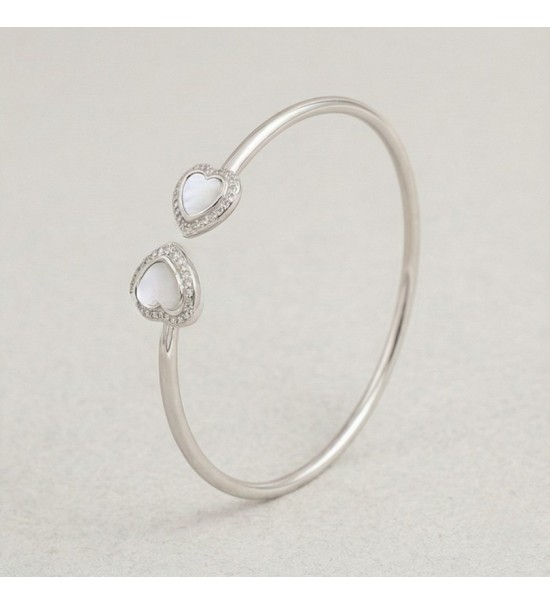 Eternal Hearts Bangle – Silver Open Cuff with Double Heart Accents
