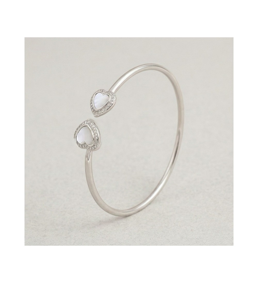 Eternal Hearts Bangle – Silver Open Cuff with Double Heart Accents