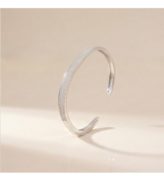Luminous Grace Bangle – Silver Open Cuff with Pavé Sparkle