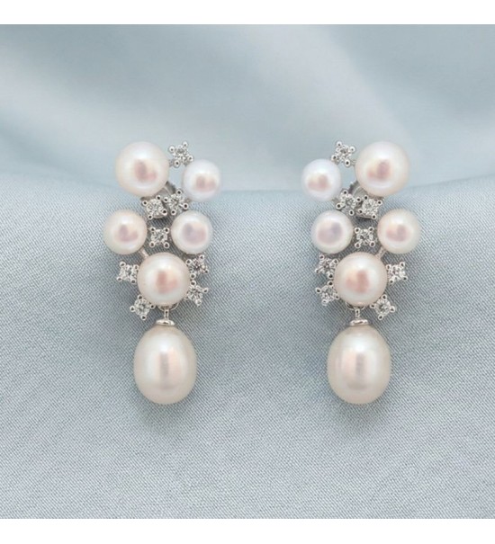 Celestial Cluster Pearl Drop Earrings – Silver