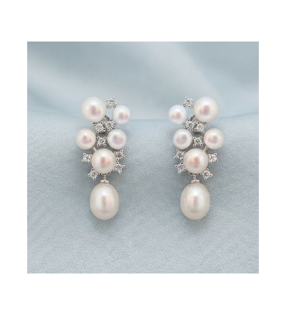 Celestial Cluster Pearl Drop Earrings – Silver