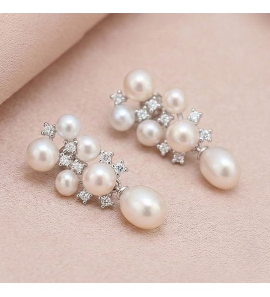 Celestial Cluster Pearl Drop Earrings – Silver