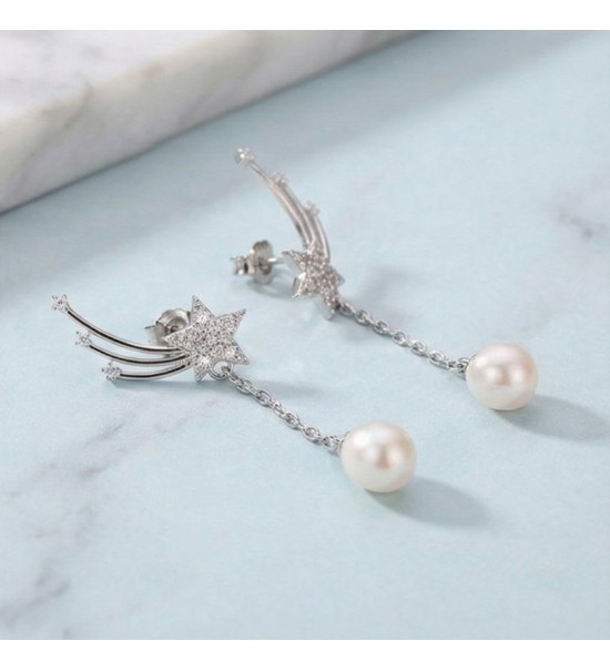 Shooting Star Pearl Drop Earrings – Elegant Zirconia & Pearl Dangle