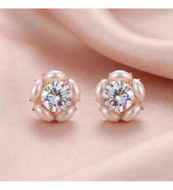 Silver & Rose Gold Pearl Halo Earrings – Elegant Zirconia and Pearl Studs