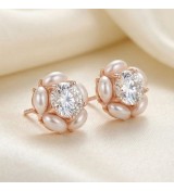 Silver & Rose Gold Pearl Halo Earrings – Elegant Zirconia and Pearl Studs