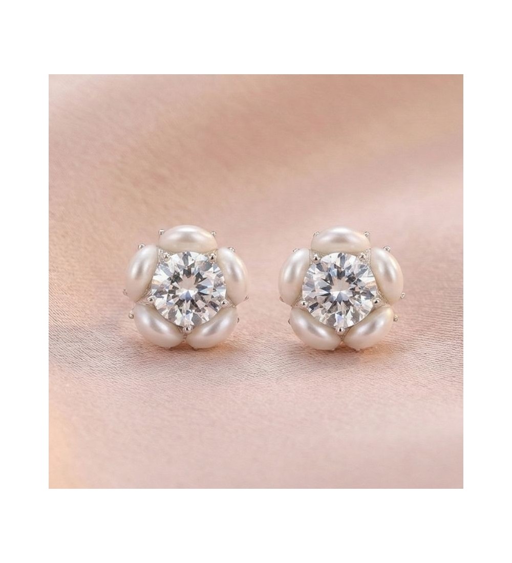 Silver & Rose Gold Pearl Halo Earrings – Elegant Zirconia and Pearl Studs