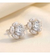 Silver & Rose Gold Pearl Halo Earrings – Elegant Zirconia and Pearl Studs