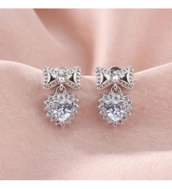 Silver Heart Bow Earrings – Elegant Heart Zirconia Studs for Women