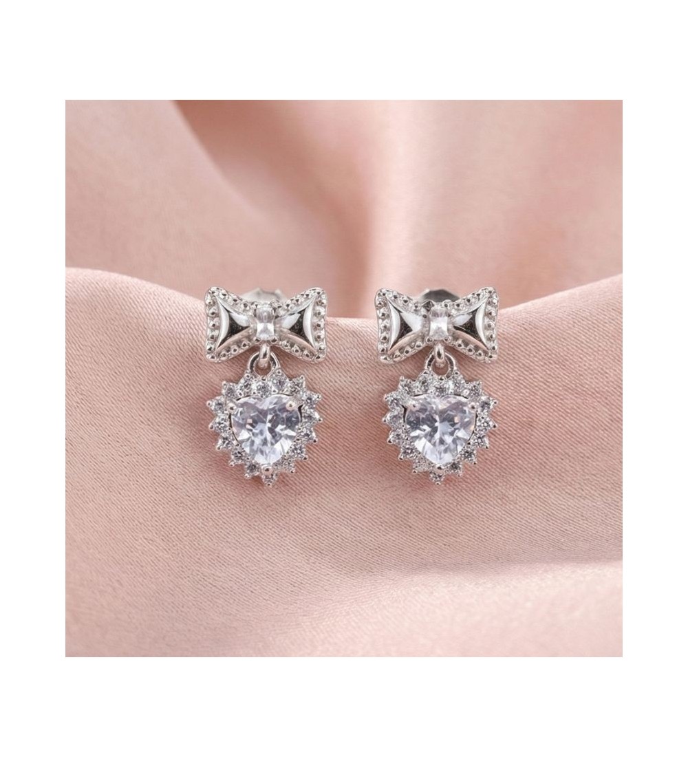 Silver Heart Bow Earrings – Elegant Heart Zirconia Studs for Women