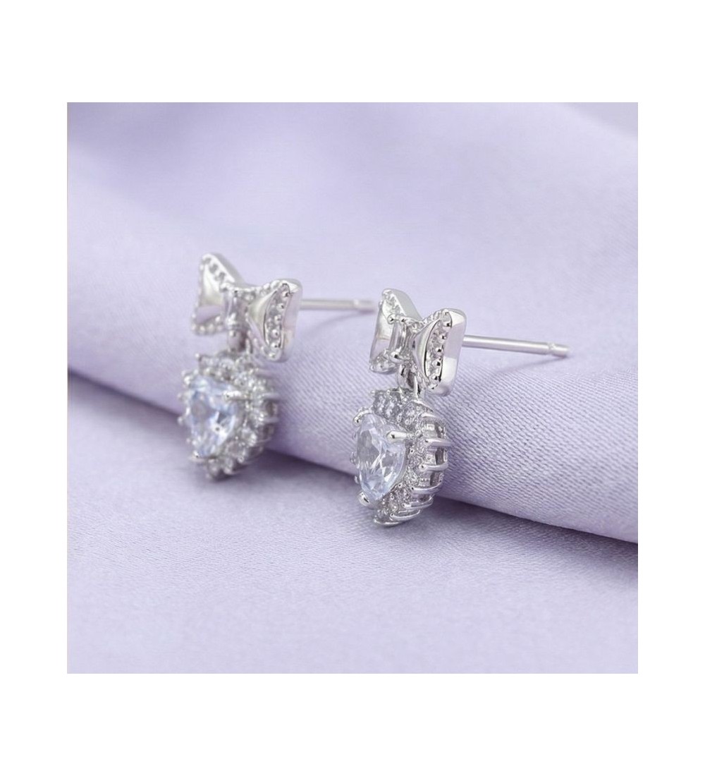 Silver Heart Bow Earrings – Elegant Heart Zirconia Studs for Women