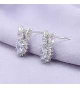 Silver Heart Bow Earrings – Elegant Heart Zirconia Studs for Women