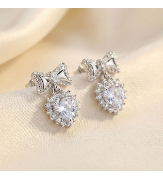 Silver Heart Bow Earrings – Elegant Heart Zirconia Studs for Women