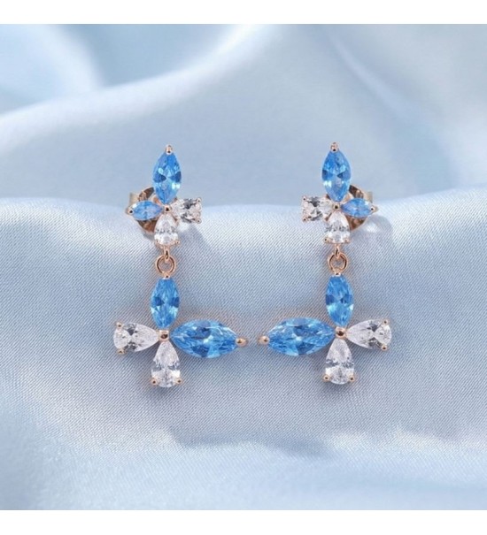 Blue Blossom Drop Earrings – Silver & Rose Gold | Blue Gemstone Floral Drop Earrings