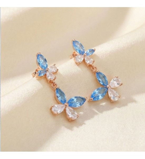 Blue Blossom Drop Earrings – Silver & Rose Gold | Blue Gemstone Floral Drop Earrings