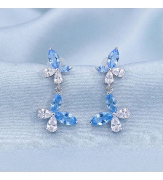 Blue Blossom Drop Earrings – Silver & Rose Gold | Blue Gemstone Floral Drop Earrings
