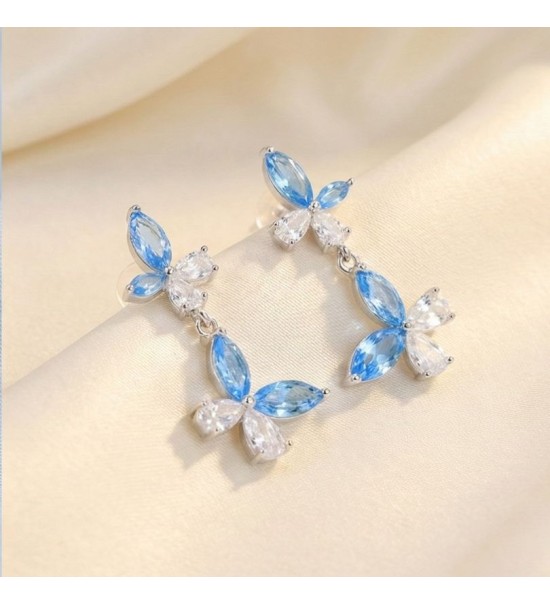 Blue Blossom Drop Earrings – Silver & Rose Gold | Blue Gemstone Floral Drop Earrings