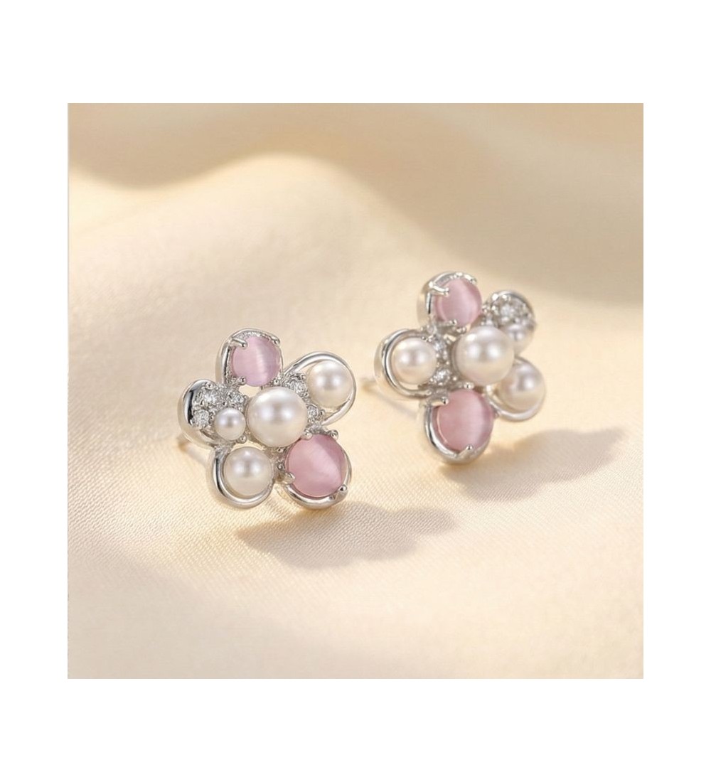 Blush Pearl Blossom Earrings – Silver & Rose Gold Variants | Pearl & Pink Gemstone Floral Studs