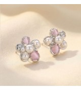 Blush Pearl Blossom Earrings – Silver & Rose Gold Variants | Pearl & Pink Gemstone Floral Studs