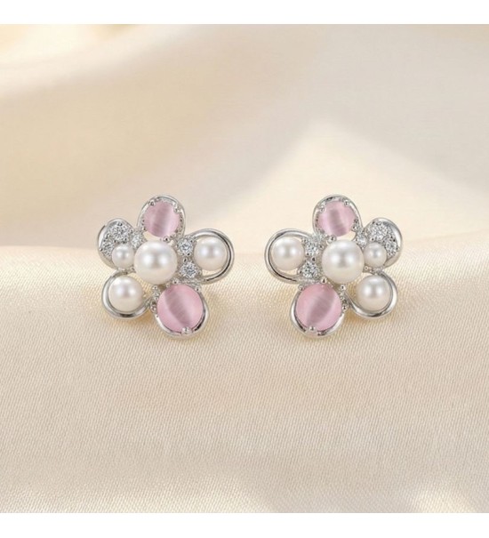 Blush Pearl Blossom Earrings – Silver & Rose Gold Variants | Pearl & Pink Gemstone Floral Studs