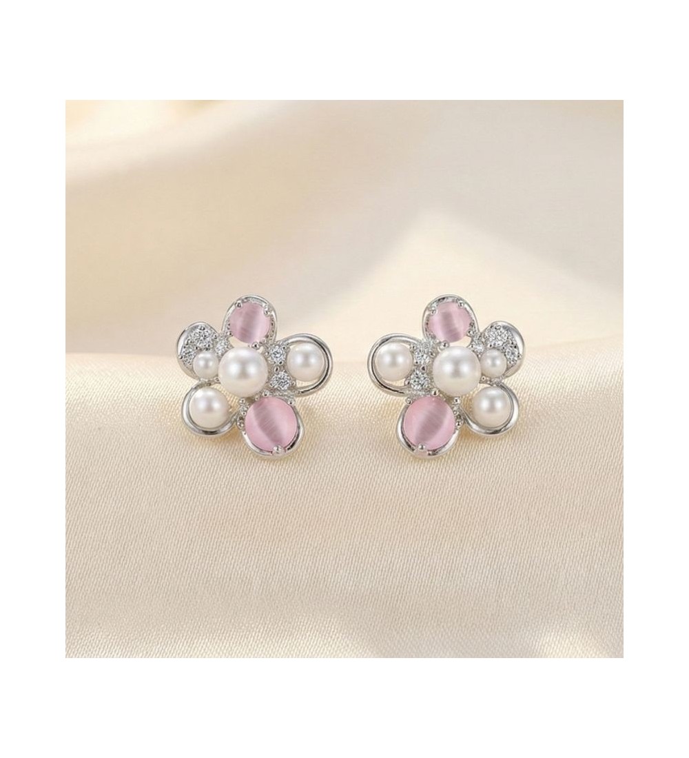 Blush Pearl Blossom Earrings – Silver & Rose Gold Variants | Pearl & Pink Gemstone Floral Studs
