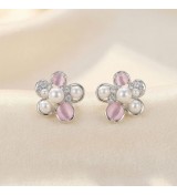 Blush Pearl Blossom Earrings – Silver & Rose Gold Variants | Pearl & Pink Gemstone Floral Studs