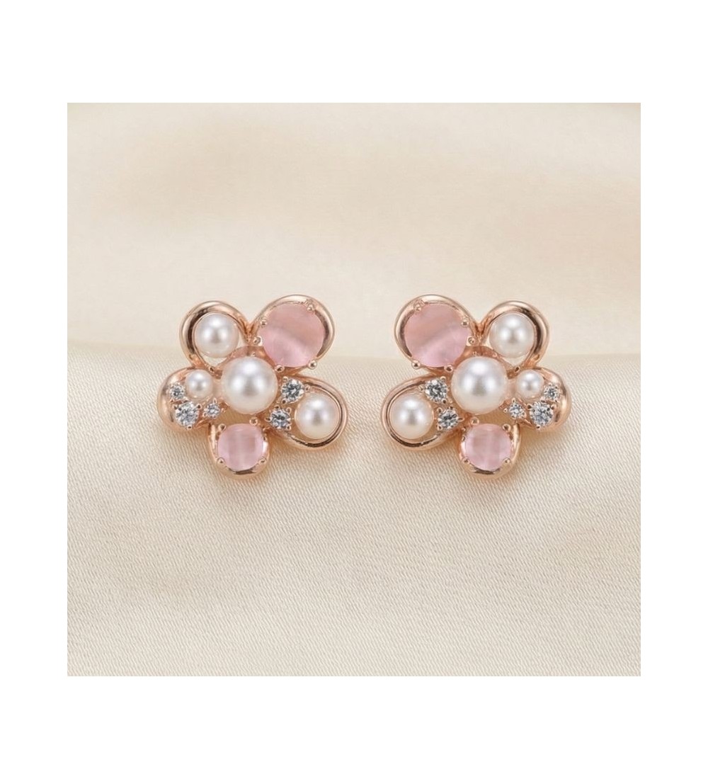 Blush Pearl Blossom Earrings – Silver & Rose Gold Variants | Pearl & Pink Gemstone Floral Studs