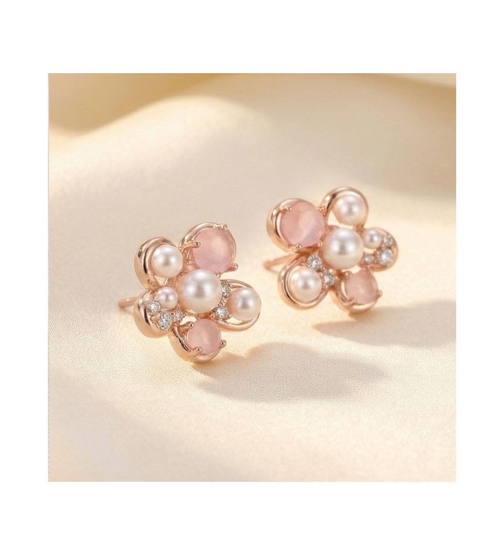 Blush Pearl Blossom Earrings – Silver & Rose Gold Variants | Pearl & Pink Gemstone Floral Studs