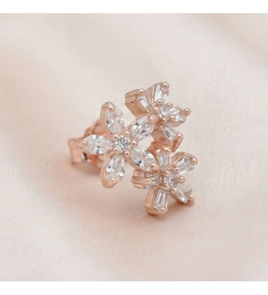 Sparkling Bloom Earrings – Silver & Rose Gold Floral Studs
