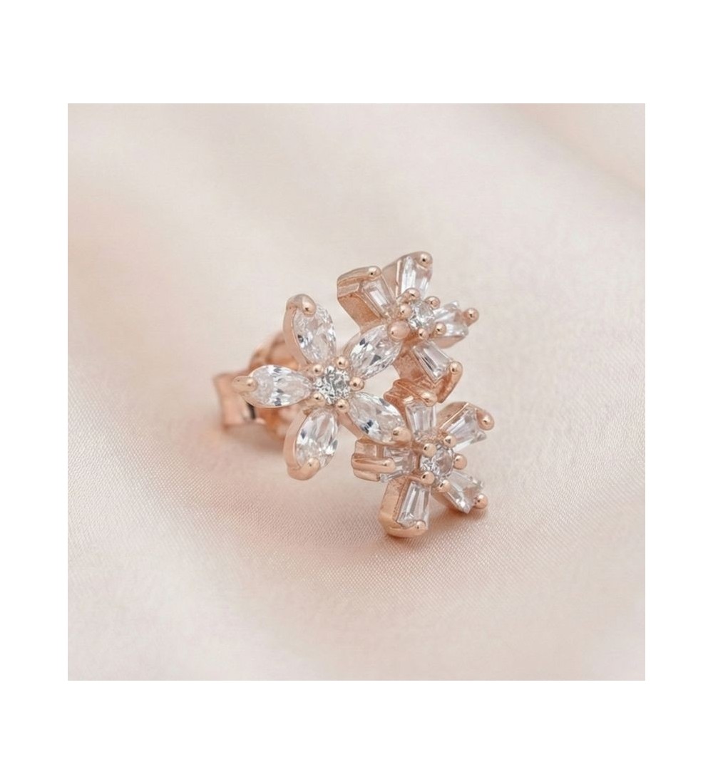 Sparkling Bloom Earrings – Silver & Rose Gold Floral Studs