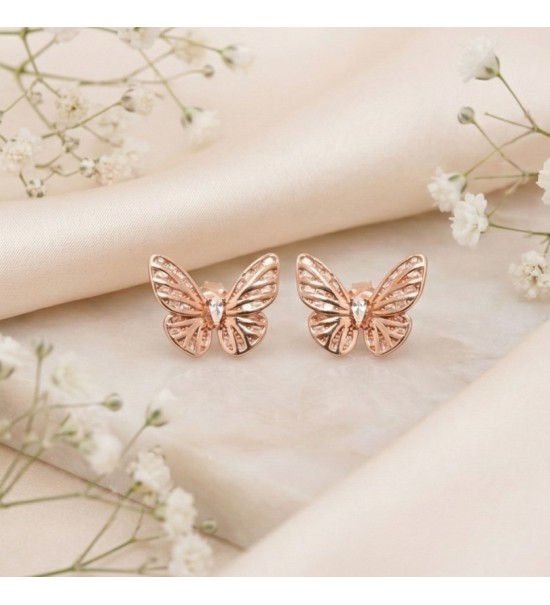 Rose Gold Butterfly Stud Earrings – Elegant Wings with Sparkling Accent