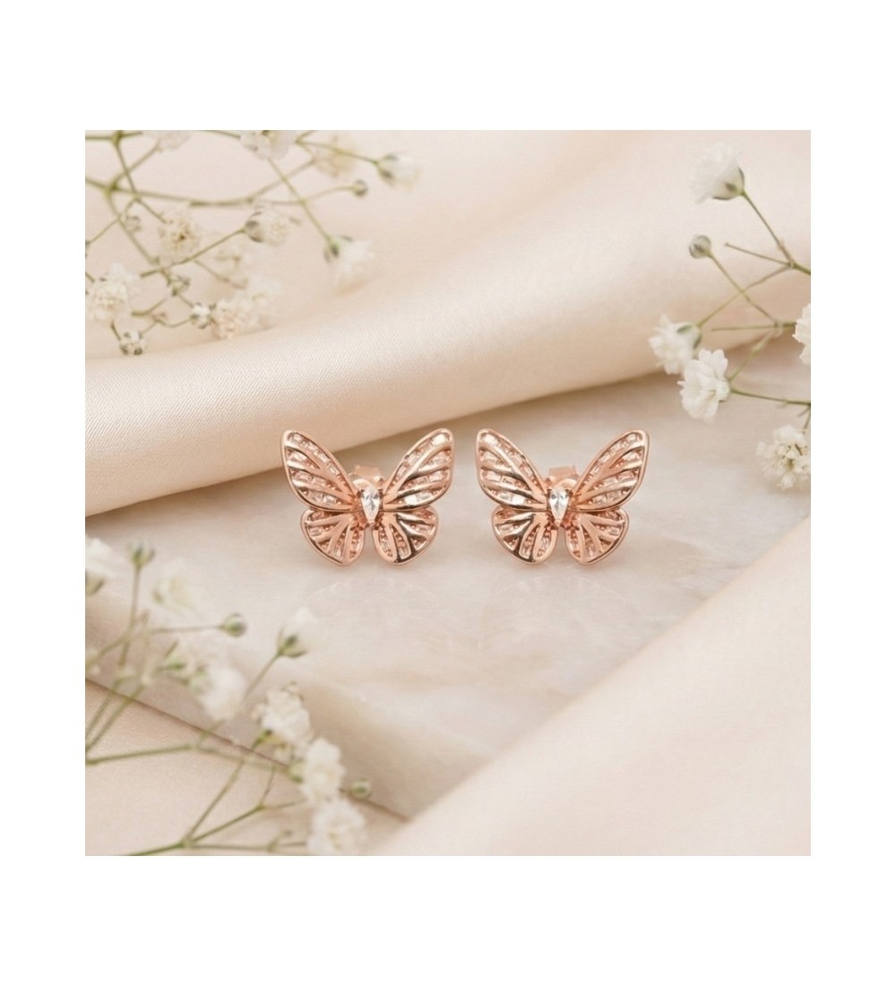 Rose Gold Butterfly Stud Earrings – Elegant Wings with Sparkling Accent