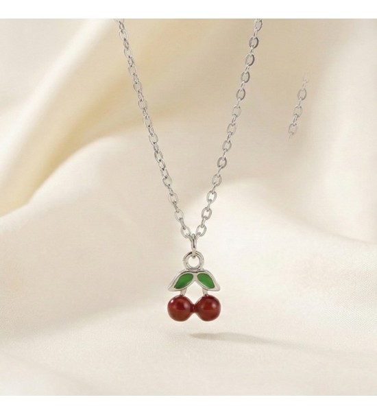 925 Sterling Silver Cherry Pendant Necklace – Dainty Red Fruit Charm with Green Enamel Leaves – Whimsical Nature-Inspired Jewelr