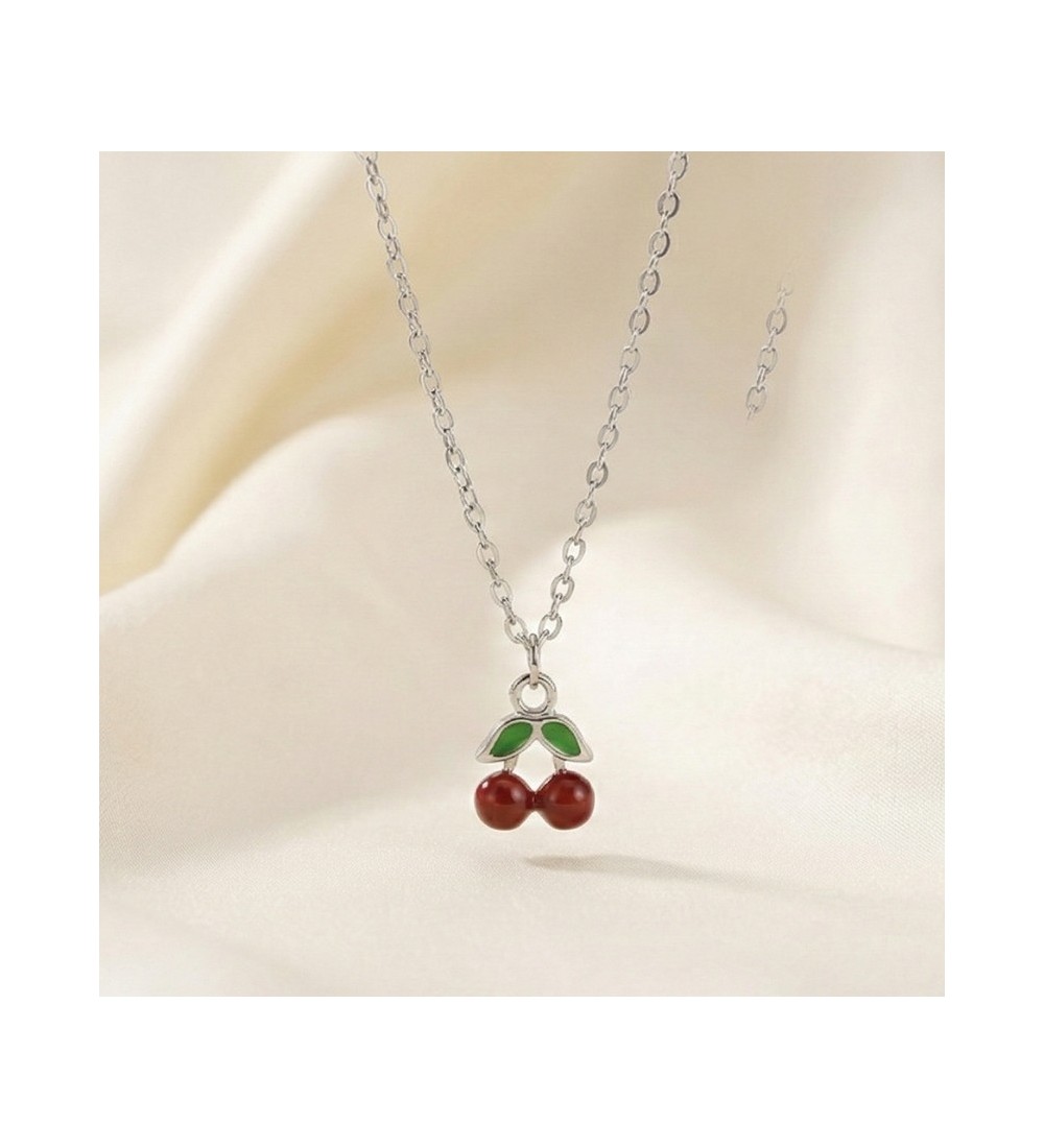 925 Sterling Silver Cherry Pendant Necklace – Dainty Red Fruit Charm with Green Enamel Leaves – Whimsical Nature-Inspired Jewelr