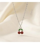 925 Sterling Silver Cherry Pendant Necklace – Dainty Red Fruit Charm with Green Enamel Leaves – Whimsical Nature-Inspired Jewelr