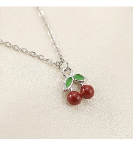 925 Sterling Silver Cherry Pendant Necklace – Dainty Red Fruit Charm with Green Enamel Leaves – Whimsical Nature-Inspired Jewelr