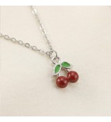 925 Sterling Silver Cherry Pendant Necklace – Dainty Red Fruit Charm with Green Enamel Leaves – Whimsical Nature-Inspired Jewelr