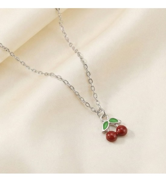 925 Sterling Silver Cherry Pendant Necklace – Dainty Red Fruit Charm with Green Enamel Leaves – Whimsical Nature-Inspired Jewelr