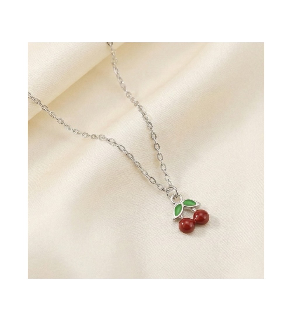 925 Sterling Silver Cherry Pendant Necklace – Dainty Red Fruit Charm with Green Enamel Leaves – Whimsical Nature-Inspired Jewelr