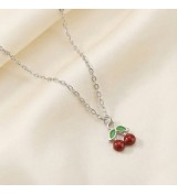 925 Sterling Silver Cherry Pendant Necklace – Dainty Red Fruit Charm with Green Enamel Leaves – Whimsical Nature-Inspired Jewelr