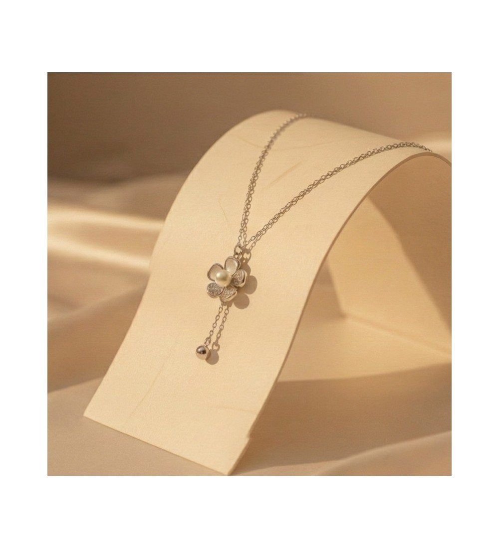 925 Sterling Silver Mother of Pearl Flower Necklace – Dainty Pearl Blossom Drop Pendant – Sparkling Cubic Zirconia Floral Jewelr