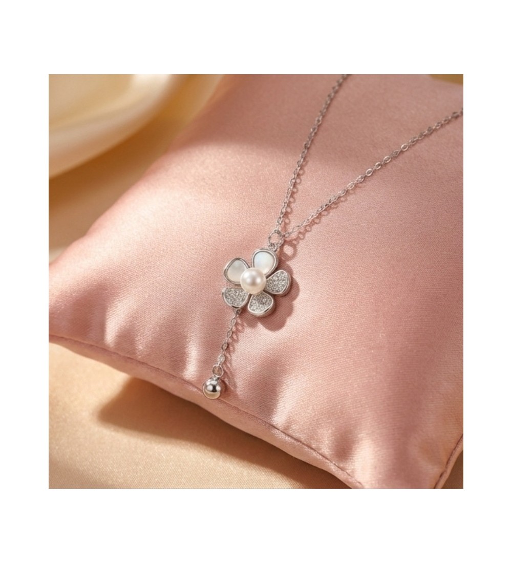 925 Sterling Silver Mother of Pearl Flower Necklace – Dainty Pearl Blossom Drop Pendant – Sparkling Cubic Zirconia Floral Jewelr