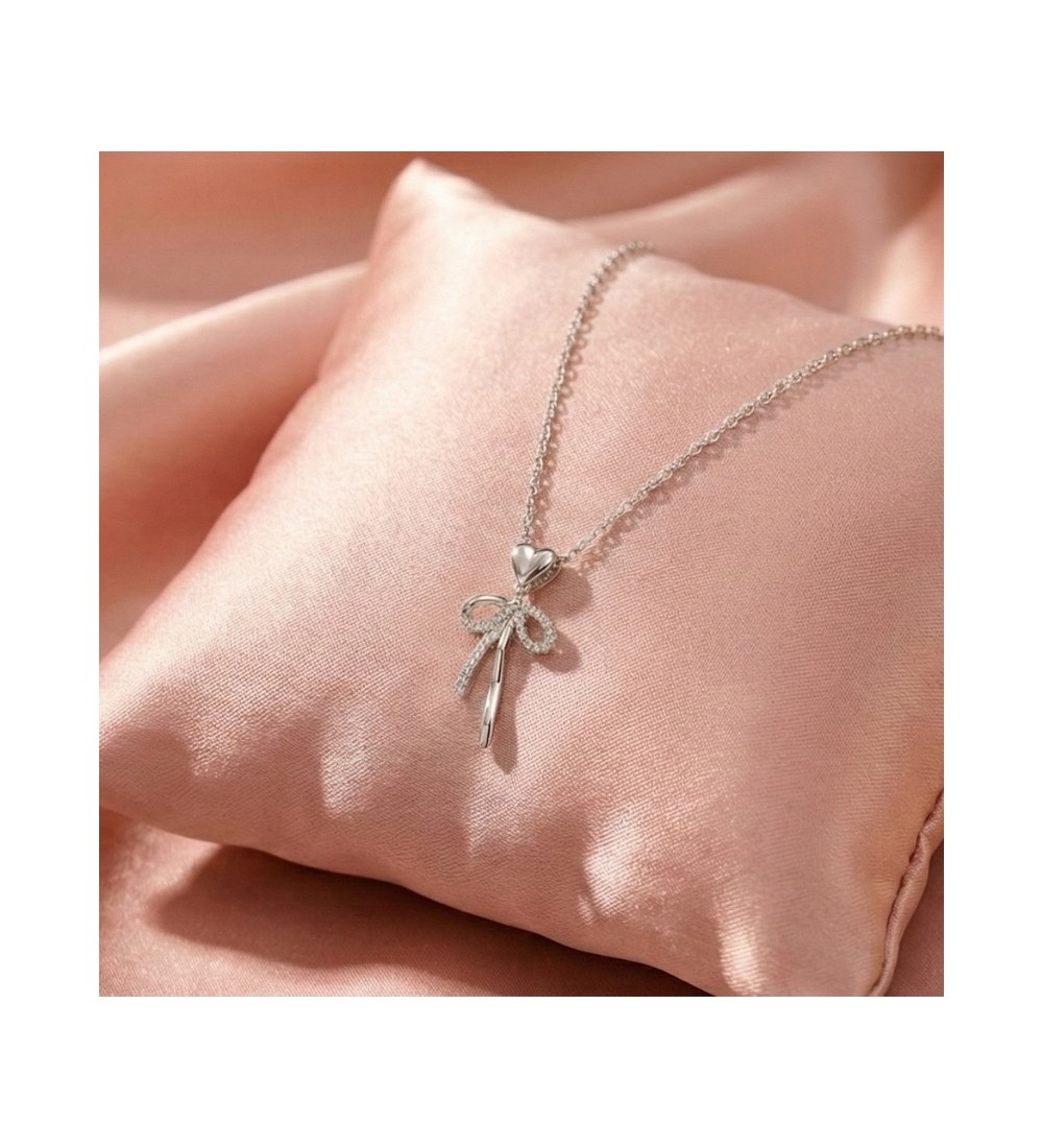925 Sterling Silver Heart Bow Necklace – Rose Gold Bow Pendant with Sparkling Zirconia – Romantic Ribbon Jewelry Gift for Women