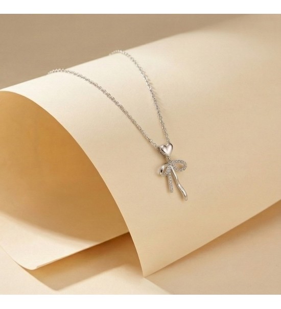 925 Sterling Silver Heart Bow Necklace – Rose Gold Bow Pendant with Sparkling Zirconia – Romantic Ribbon Jewelry Gift for Women